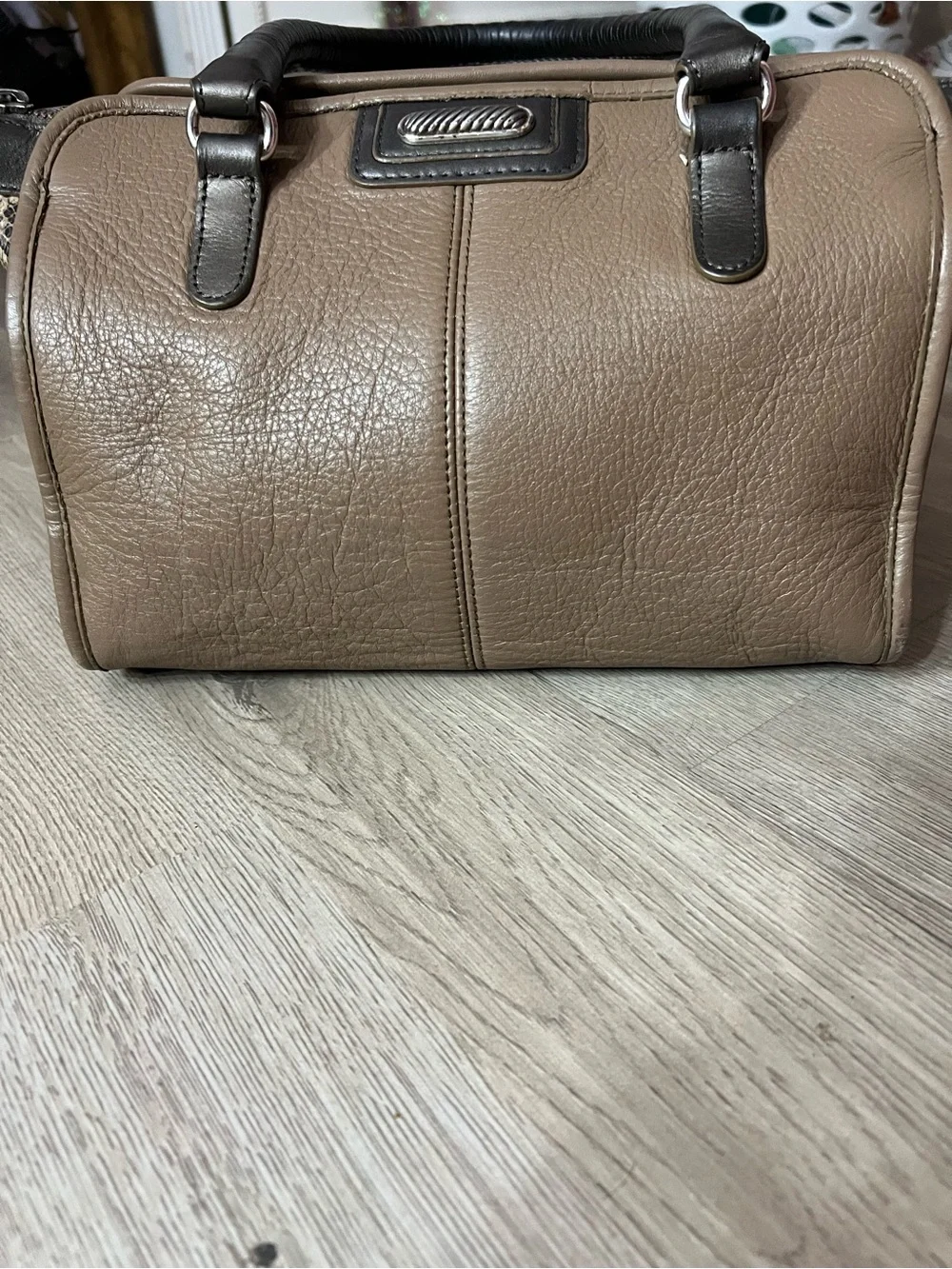 Classic Taupe Leather Briefcase with Black Trim